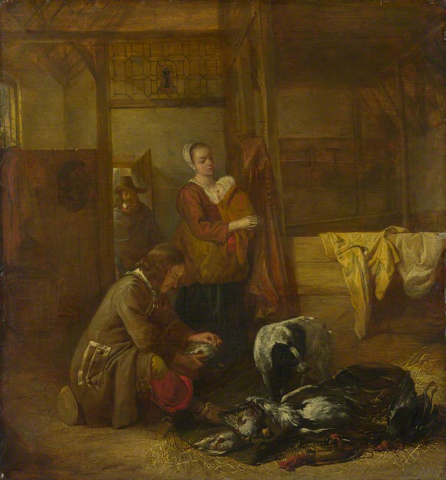 Pieter de Hooch, A Man with Dead Birds, and Other Figures, in a Stable