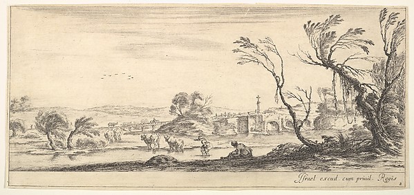Stefano della Bella, Plate 2: a peasant woman removing her shoes in center, another peasant woman and two cows in a stream to left, a bridge to right in the background, from "Various Landscapes" (Divers Paysages)