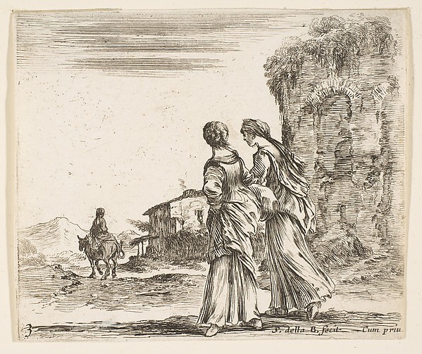 Stefano della Bella, Two girls walking towards the left, seen from behind, a woman on a horse to left in background, plate 3 from "Diversi capricci"