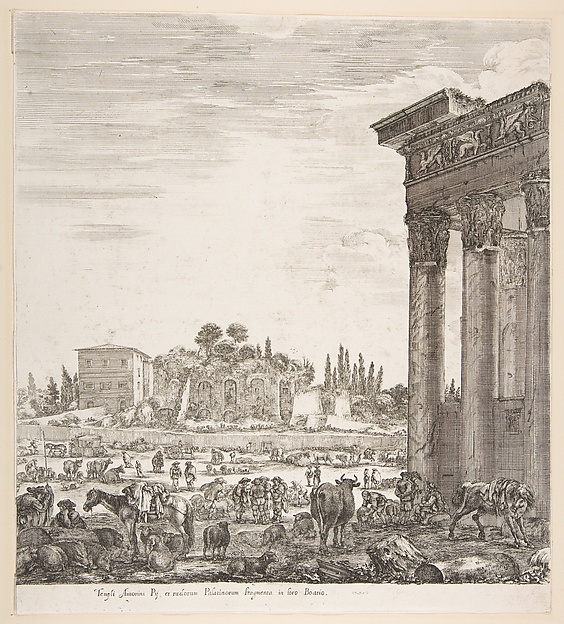 Stefano della Bella, The columns of the Temple of Antoninus to right, a part of the Campo Vaccino in center and at left, along with various animals and figures, the Palatine ruins in the background, from "Six large views, four of Rome, and two of the Roman countryside" (Six grandes vues, dont quatre de Rome et deux de …