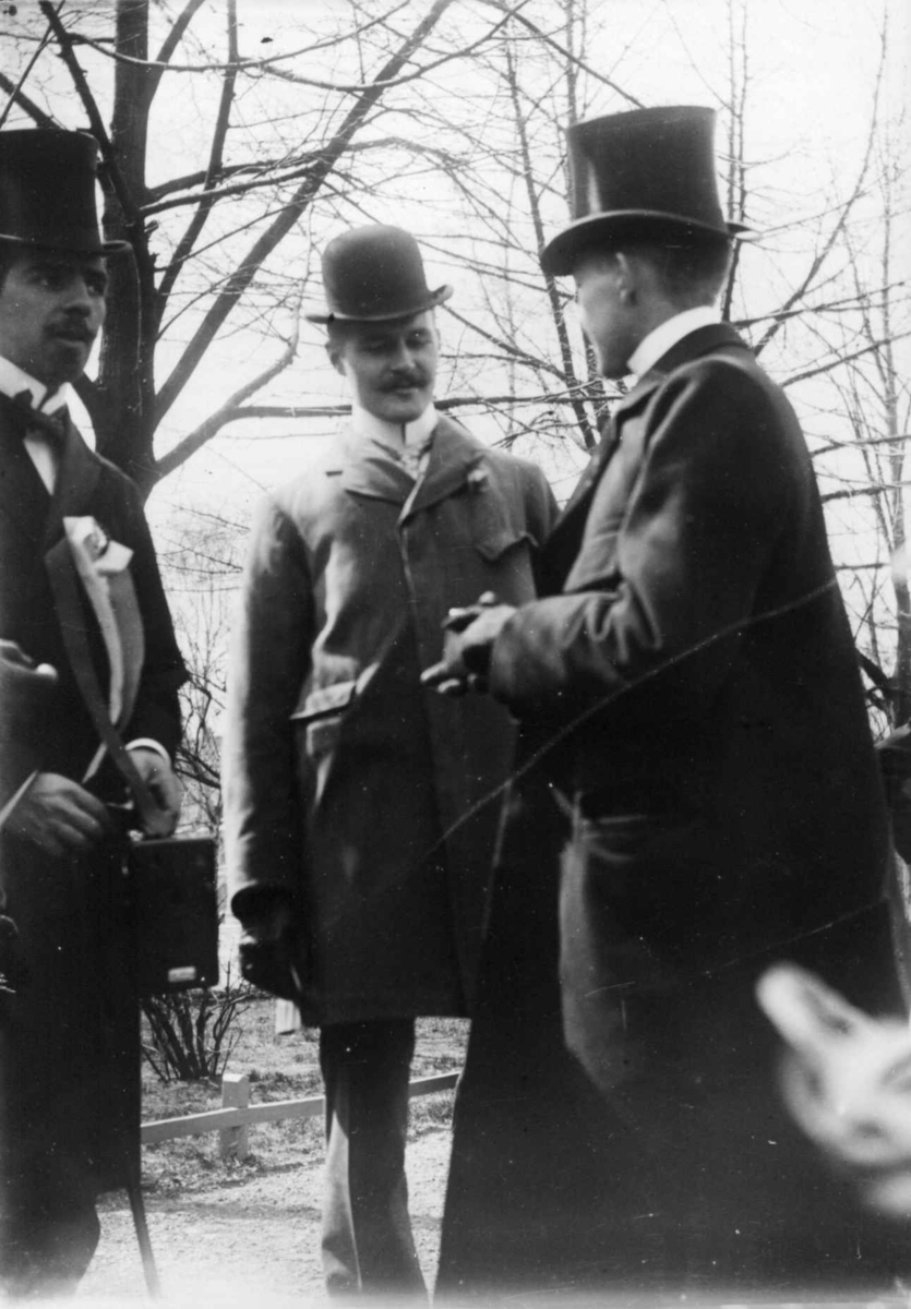 Fredrik Emil Faye, Gruppeportrett, fra venstre Anton Martin Schweigaard, i midten Gerhard Kallevig. Fra portrettserie av personer som bodde på eller besøkte Dal gård, Ullensaker, fotografert av gårdens eier, kammerherre Fredrik Emil Faye (1844-1903) i årene 1875-1900.