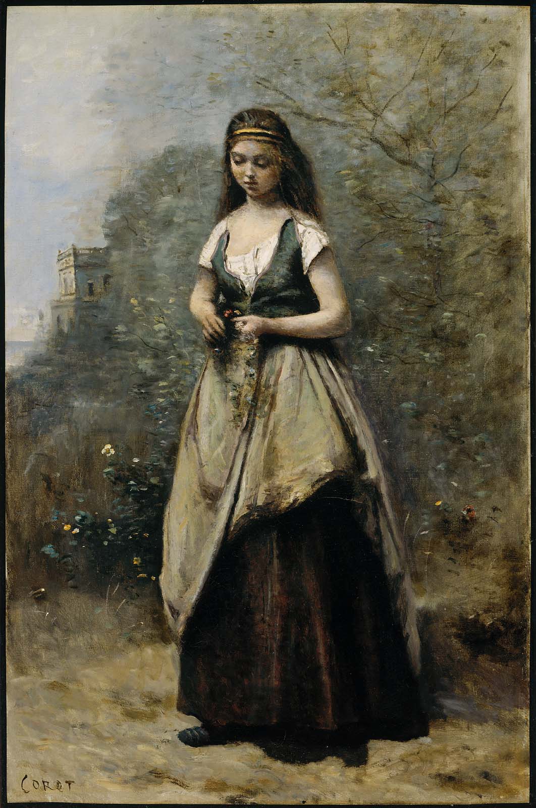 Jean-Baptiste Camille Corot, Young Woman Weaving a Wreath of Flowers