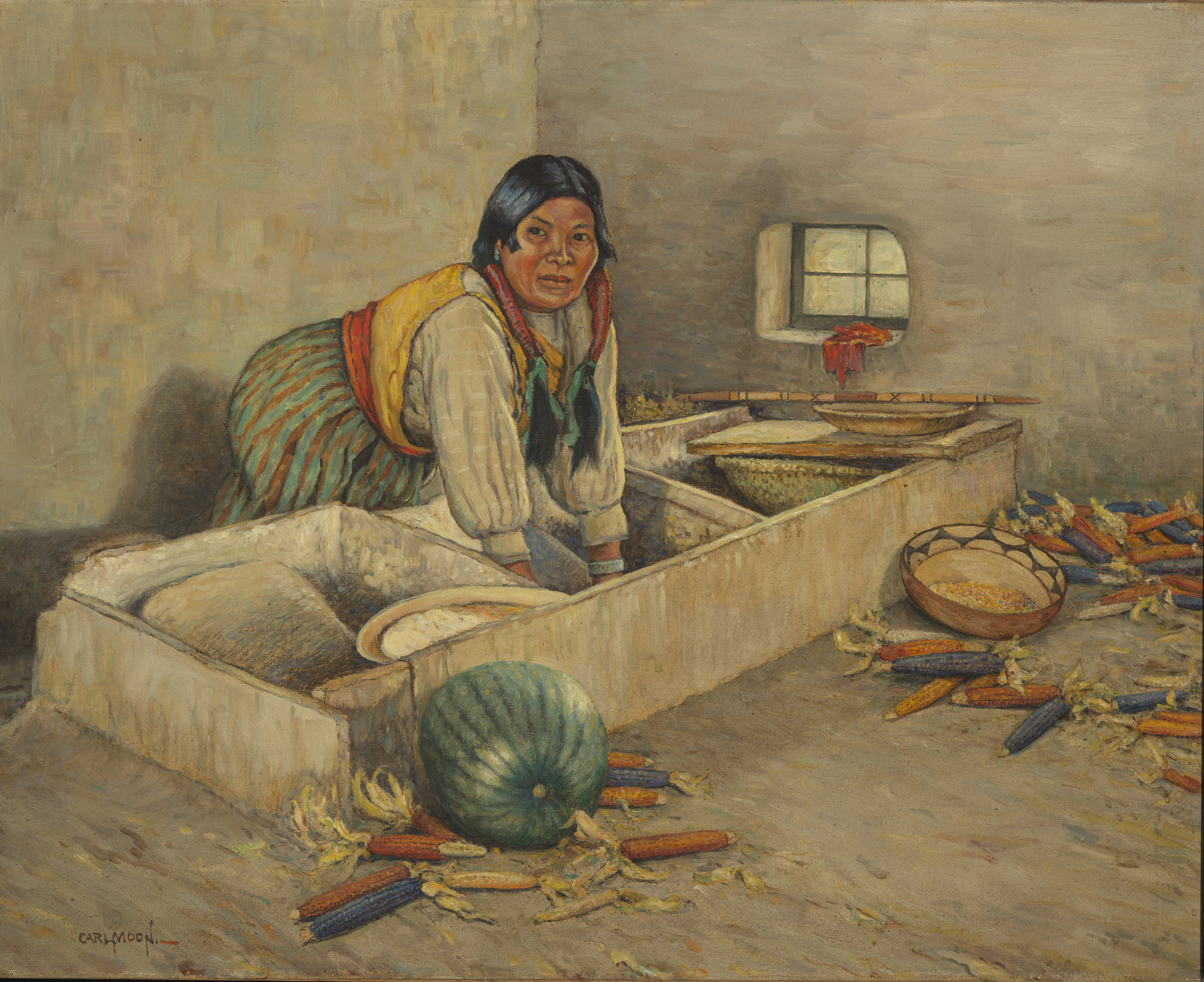 Carl Moon, Hopi Woman Grinding Corn