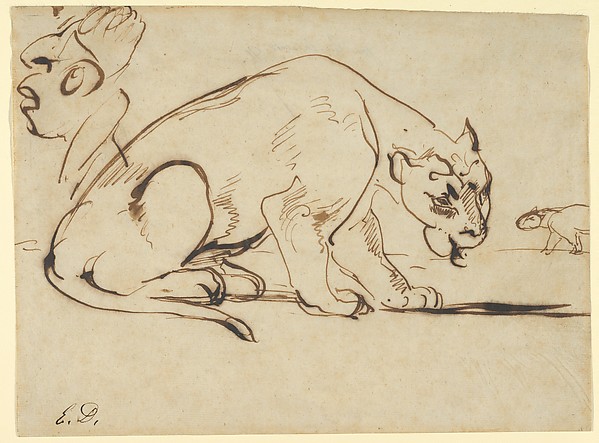 Eugène Delacroix, A Lioness and a Caricature of Ingres