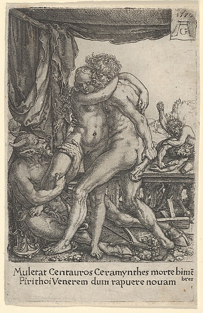 Heinrich Aldegrever, Hercules Preventing the Centaurs from the Rape of Hippodameia, from The Labors of Hercules