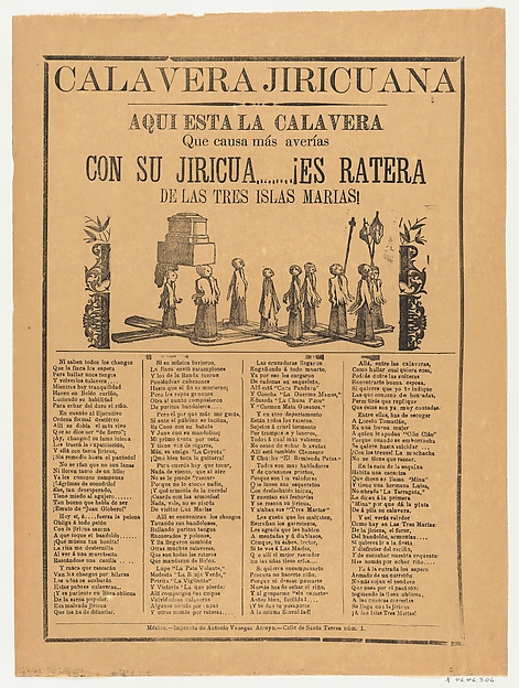 Anonymous, Broadsheet relating to the calavero (skeleton) Jiricuana, a corrido (ballad) in the bottom section