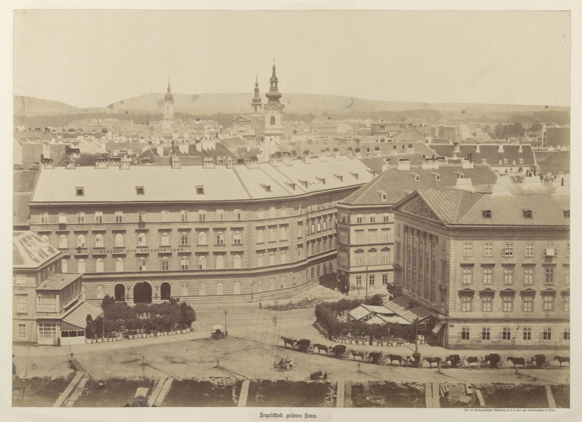 K.K.Hof-undStaatsdruckereiWien, Blick auf den Gasthof Goldenes Lamm in der Wiener Leopoldstadt zum Donaukanal hin