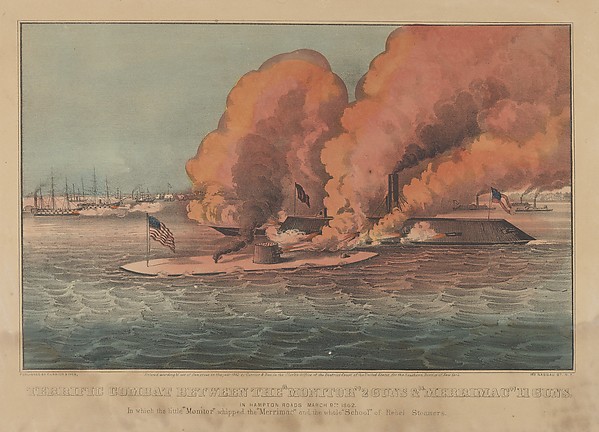 Currier & Ives, Terrific Combat Between the "Monitor" 2 Guns & "Merrimac" 11 Guns – In Hampton Roads March 9th, 1862 – In which the little "Monitor" whipped the "Merrimac" and the whole "School" of Rebel Steamers