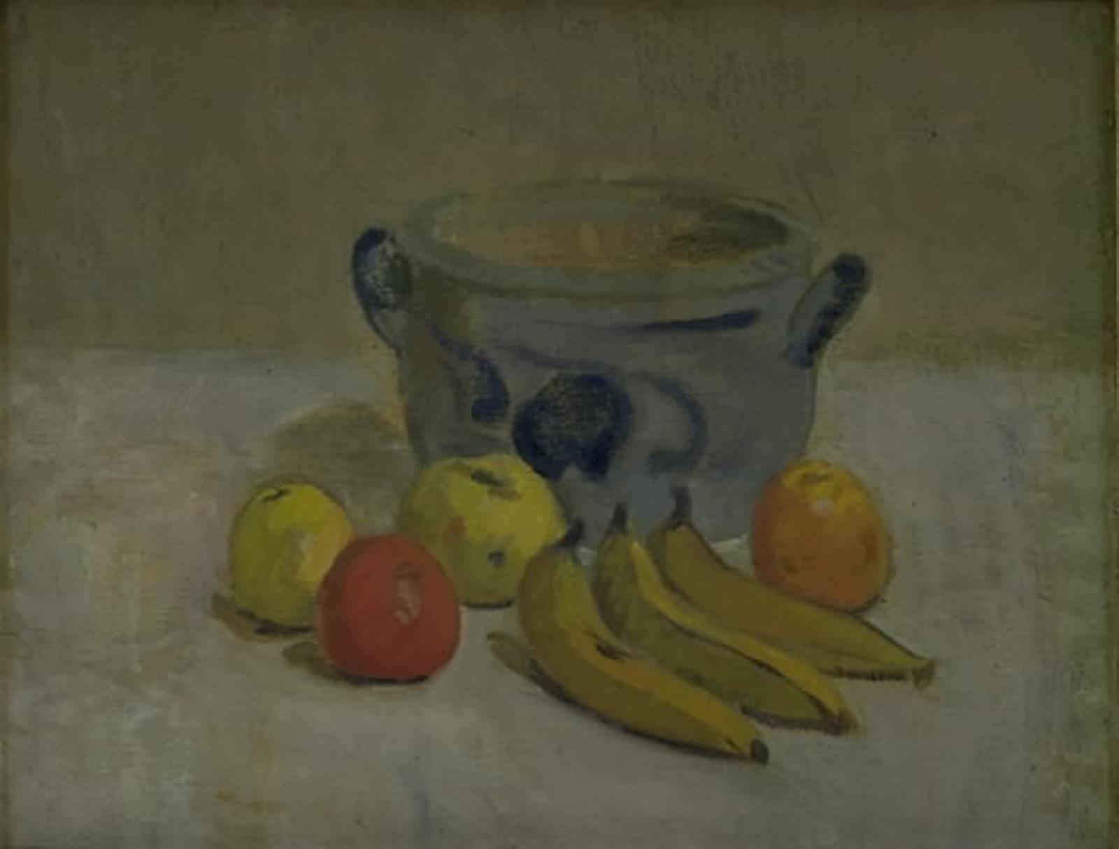 Karl Isakson, Opstilling, grå krukke, æbler, bananer
