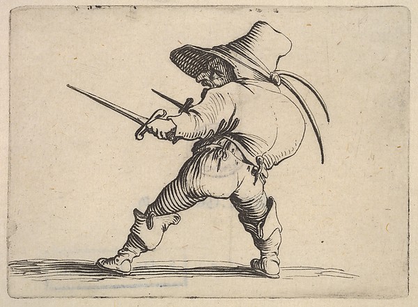 Jacques Callot, Small male figure wearing a hat, with daggers in both hands, and placing his weight on his right foot as he stretches his left foot forward, from "Varie Figure Gobbi"