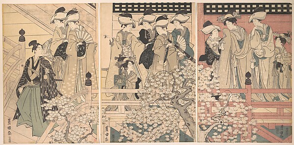 Utagawa Toyokuni I, Beauties on a Veranda among Cherry Blossoms from which a Samurai is Departing