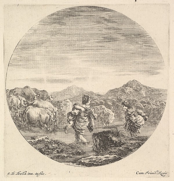Stefano della Bella, A woman carrying a child in center, seen from behind, another woman to right, facing left, following a group of cows across a river, from "Six Animal Subjects" (Six Sujets d'Animaux)