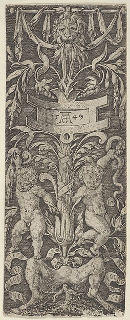 Heinrich Aldegrever, Panel of Ornament with Two Nude Boys Standing on the Legs of a Satyr