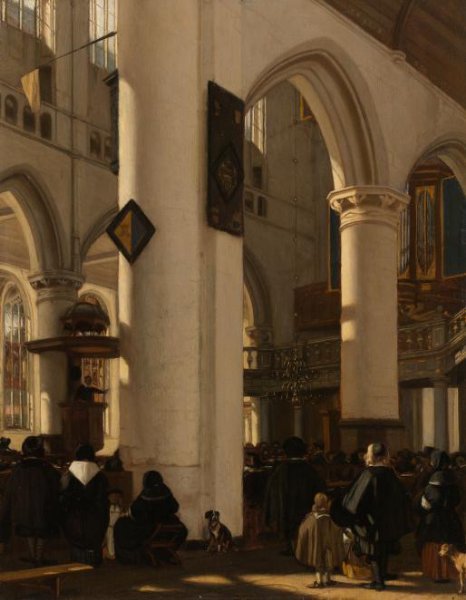 Emanuel de Witte, Interieur van een protestantse, gotische kerk tijdens een dienst