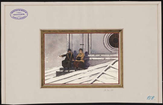 Giesenberg Edgar, Königliche Oper (auch: Staatsoper unter den Linden, Lindenoper), Berlin (?): Paar auf einem Dach im Schnee
