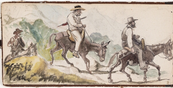 Wilhelm Marstrand, P.C. Skovgaard og A. Kittendorff, ridende på æsler i et bjerglandskab