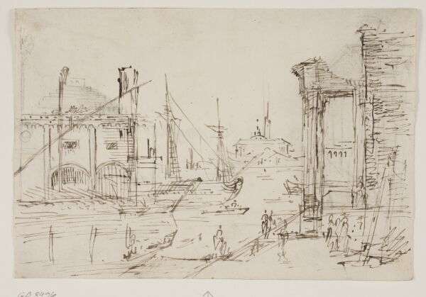 Canaletto, Capriccio med klassiske ruiner på en kaj, et bådehus, to gallejer, et sejlskibs to master bag dem, en kirke med kuppel i baggrunden
