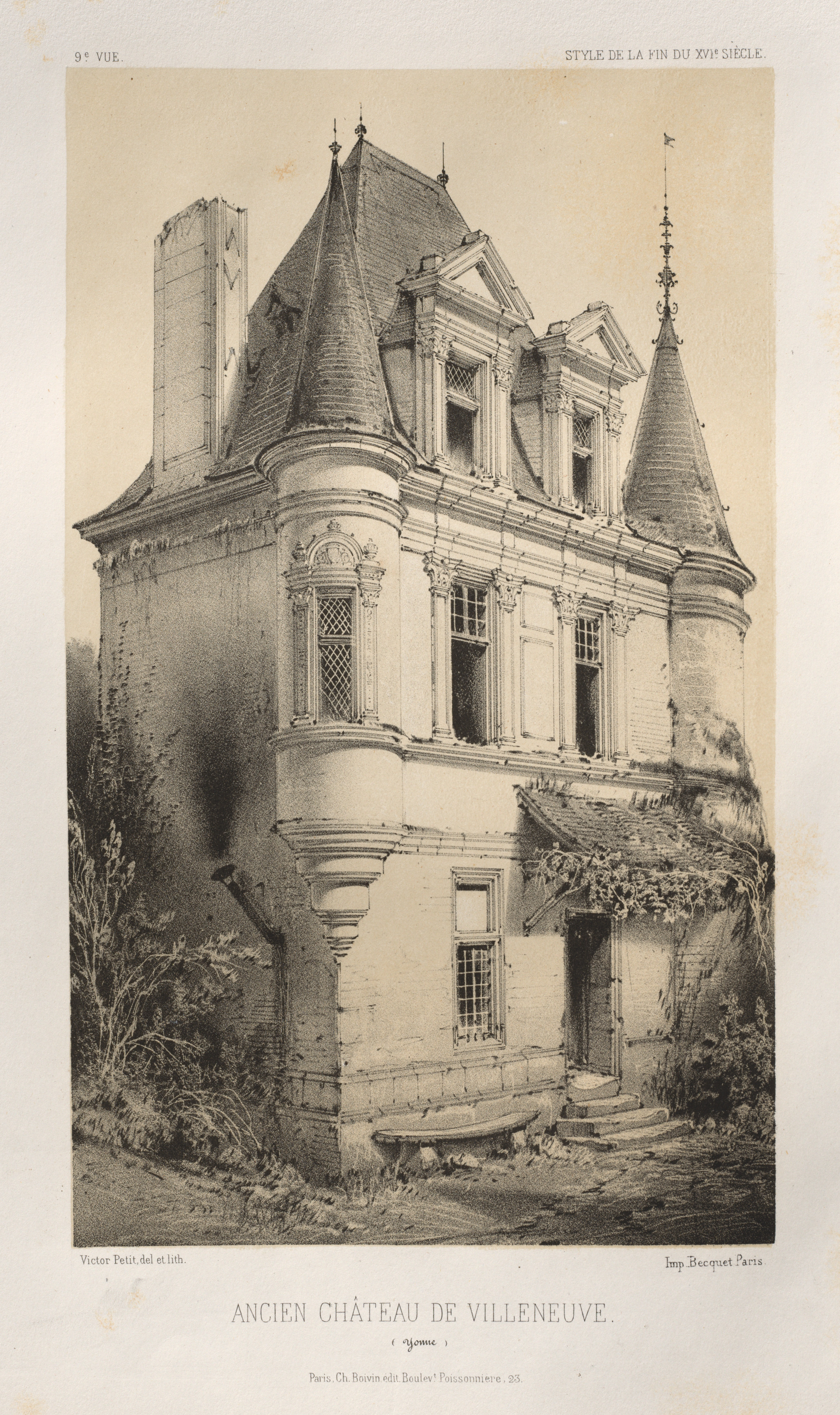 Victor Petit, Architecture Pittoresque ou Monuments des xveme. Et xvieme. Siecles: Chateaux De France des XV et XVI Siecles: Pl. 9, Ancien Chateau de Villeneuve (Yonne)
