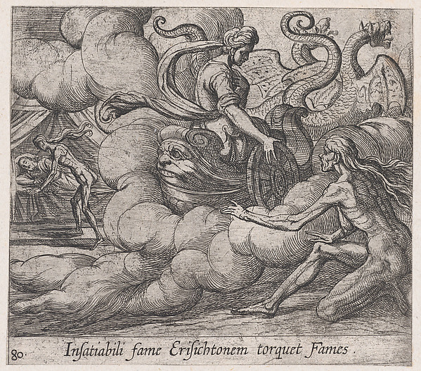 Antonio Tempesta, Plate 80: Ceres' Nymph Telling Famine to Strike Erysichthon (Insatiabili fame Erisichtonem torquet Fames), from Ovid's 'Metamorphoses'
