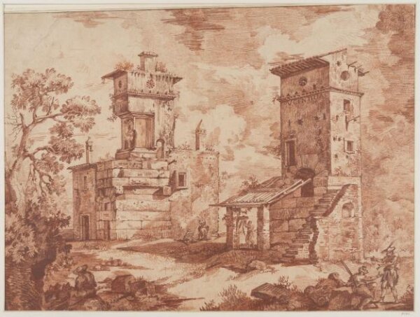 Unknown, Landscape with figures and two peasants' cottages built into Roman ruins