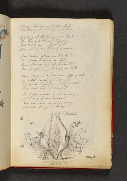 Johan Thomas Lundbye, To duer med vingerne rejst, der står symmetrisk med halerne mod hinanden. Der er en ornamentranke i baggrunden. Hertil vers. Side 17
