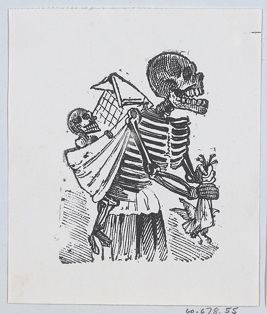 José Guadalupe Posada, A skeleton picking crops in a field while carrying a baby skeleton on its back