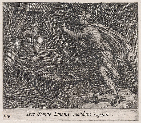 Antonio Tempesta, Plate 109: Iris Giving Sleep Juno's Command (Iris Somno Iunonis mandata exponit), from Ovid's 'Metamorphoses'