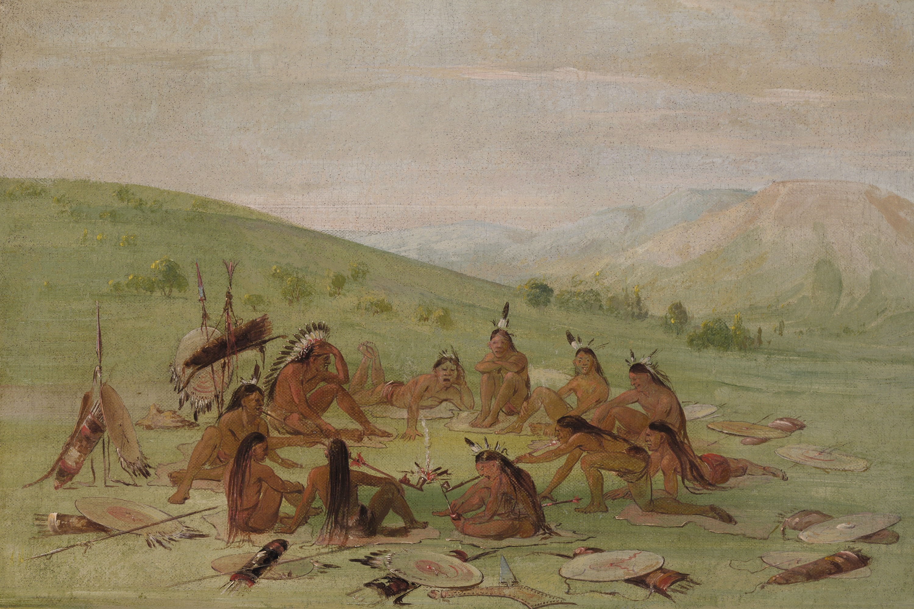 George Catlin, Foot War Party in Council, Mandan
