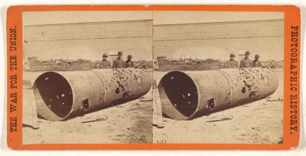 Edward and Henry T. Anthony & Co., The Smoke Stack of the rebel ram Virginia at the Rocketts, Richmond, Va., showing the effects from Shot and Shell, after...raid.