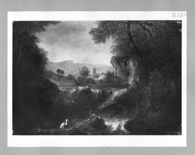 Johann Melchior Roos, Landscape with rocks, a waterfall and bird