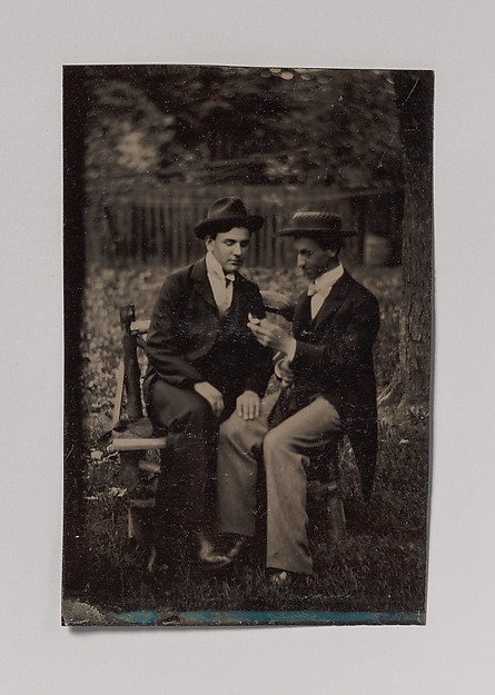 Unknown, [Two Men Seated on a Bench, One with His Hand on the Leg of the Other]