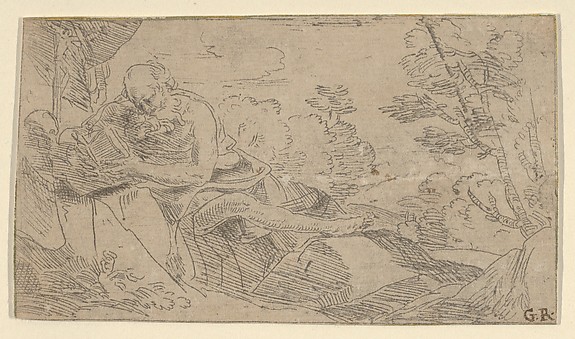 Anonymous, Saint Jerome seated on rocks and reading a book, a cross and a skull at left