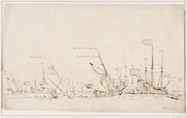 Willem van de Velde (the younger), An English Fleet at Anchor in a Breeze, with a Yacht in the Foreground