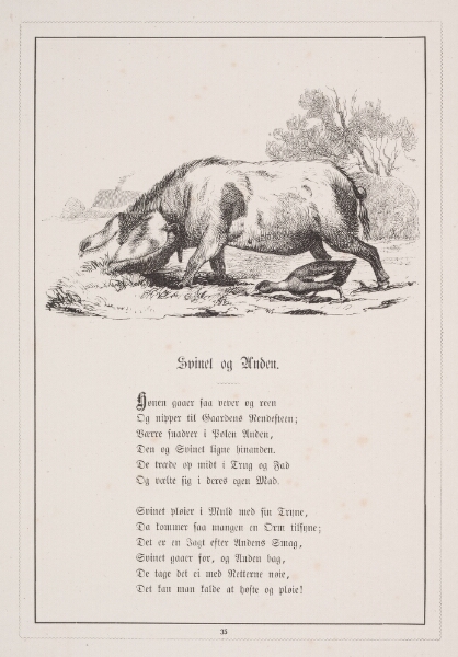 H.P. Hansen, Svinet og Anden. Illustration til H.V. Kaalund, "Fabler for Børn"