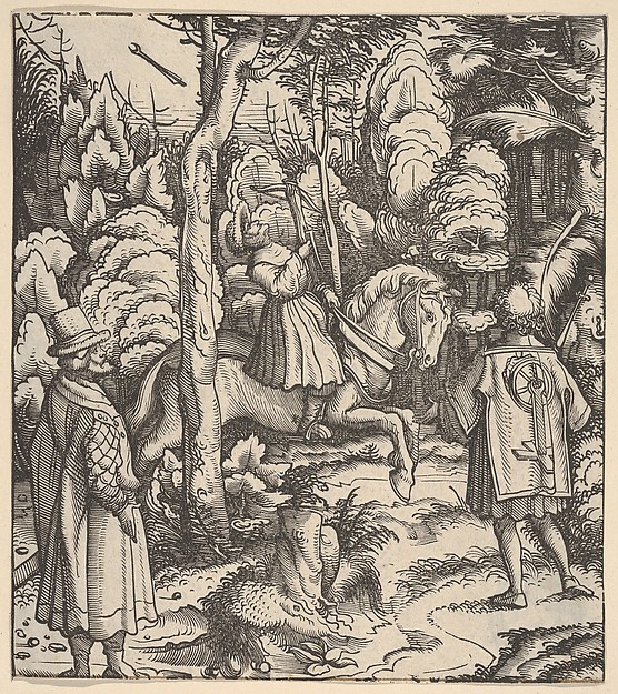 Hans Burgkmair, Theuerdarnk Nearly Shoots Himself with a Crossbow, from [Theuerdank] Die geuerlicheiten vnd einsteils der geschichten des loblichen streytparen vnd hochberümbten helds vnd Ritters herr Tewrdannckhs