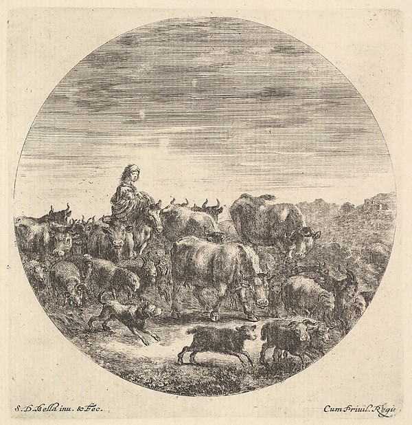Stefano della Bella, A peasant woman seated on a horse to left, facing right, surrounded by a herd of cows, goats, sheep, and dogs, from "Six Animal Subjects" (Six Sujets d'Animaux)