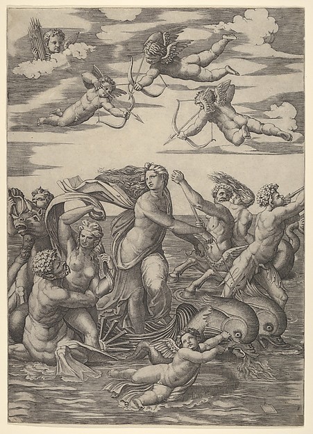 Marcantonio Raimondi, Galatea standing in a water-chariot pulled by two dolphins, surrounded by tritons, nereids, and putti, three of which prepare to shoot arrows from above