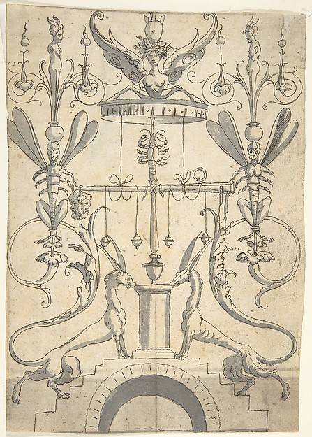 Anonymous, Italian, 16th century, Candelabra Grotesque on a Pedestal with Fantastical Creatures and a Lobster