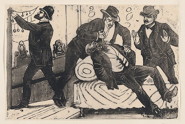 José Guadalupe Posada, A man stabbing another man in the chest while his associates loot a store, from a broadside entitled 'The theft at La Profesa'
