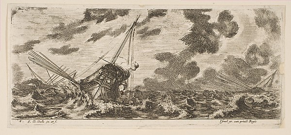 Stefano della Bella, Plate 6: three ships in a storm, from 'Various Embarkations' (Divers embarquements)