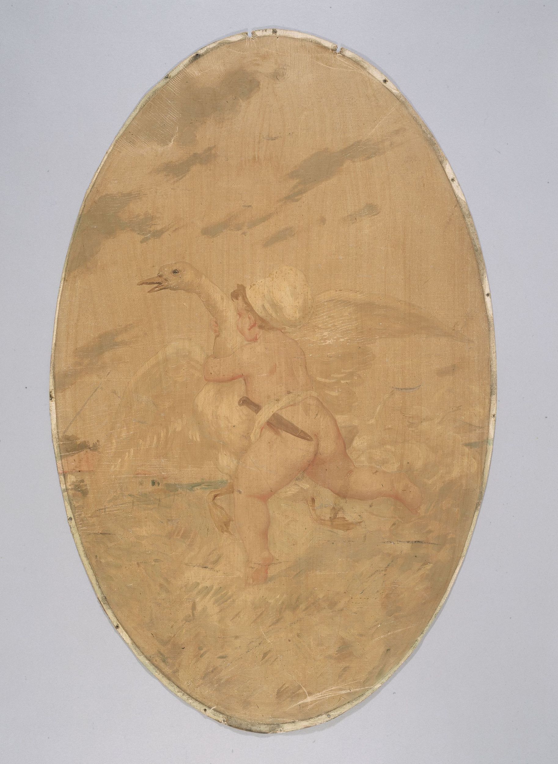 Anonyme, Putto cuisinier poursuivant une oie. Peinture décorative pour le Café de Paris.