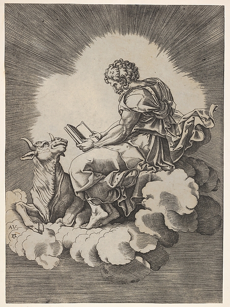 Anonymous, Italian, 16th century, St. Luke, seated on a cloud with an open book in both hands, a bull lying at his feet, from a series of the four evangelists after Agostino Veneziano, which are in turn after Giulio Romano