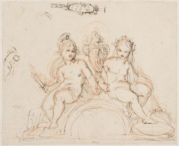 Unknown, Recto: Ornamental design: a pair of children personifying Peace and War seated back to back on a clock or other round object, Verso: Studies (2) of the same figures in a different pose