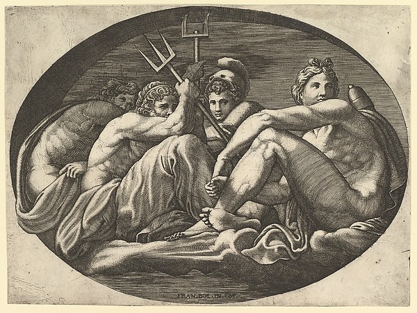 Giorgio Ghisi, Pluto, Neptune, Minerva and Apollo, from a series of eight compositions after Francesco Primaticcio's designs for the ceiling of the Ulysses Gallery (destroyed 1738-39) at Fontainebleau