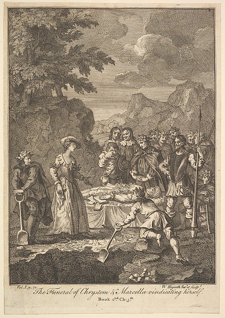 William Hogarth, The Funeral of Chrystom and Marcella Vindicating Herself (Six Illustrations for Don Quixote)