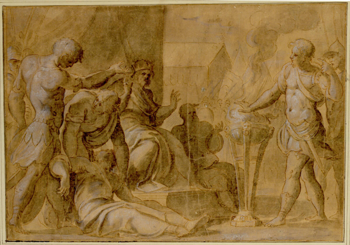 Anonym, Mucius Scaevola. (Lars Porsenna sitzt inmitten seines Gefolges, das sich zum Teil um den erstochenen Schreiber bemüht, der sterbend vor ihm auf dem Boden liegt; rechts steht Mucius, die Rechte über die Flammen haltend)