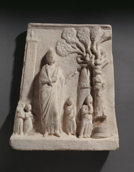 Unknown, Grave Stele of a Woman with Four Girls in a Sanctuary