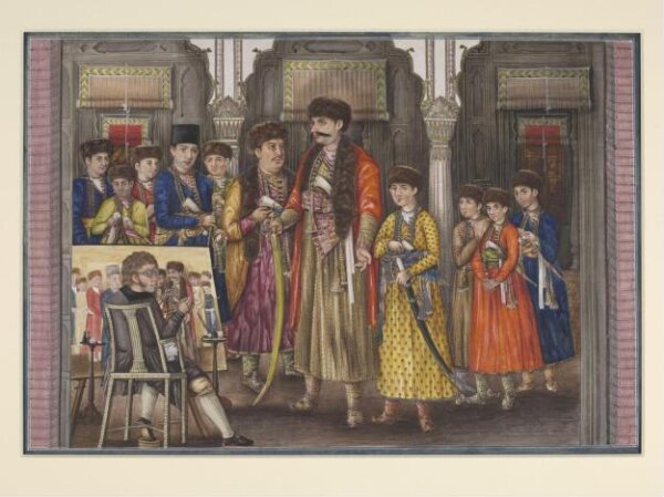 Unknown, Tilly Kettle painting a portrait of Shuja ud-Daula and his ten sons