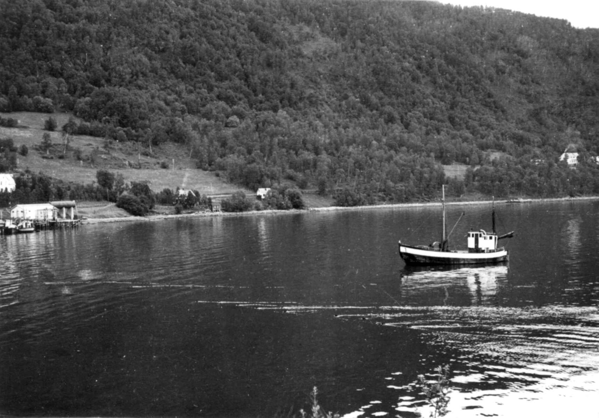 Anna Grostøl, En fiskebåt på vannet, bebyggelse i bakgrunnen.