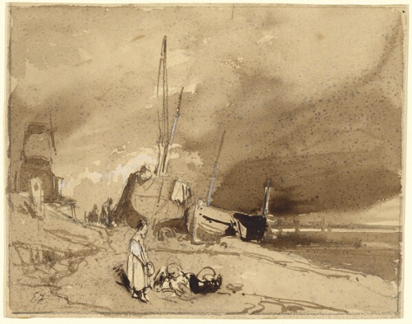 Eugène Isabey, Bord de Plage (Fishing-boats on a beach, storm clouds in the distance)